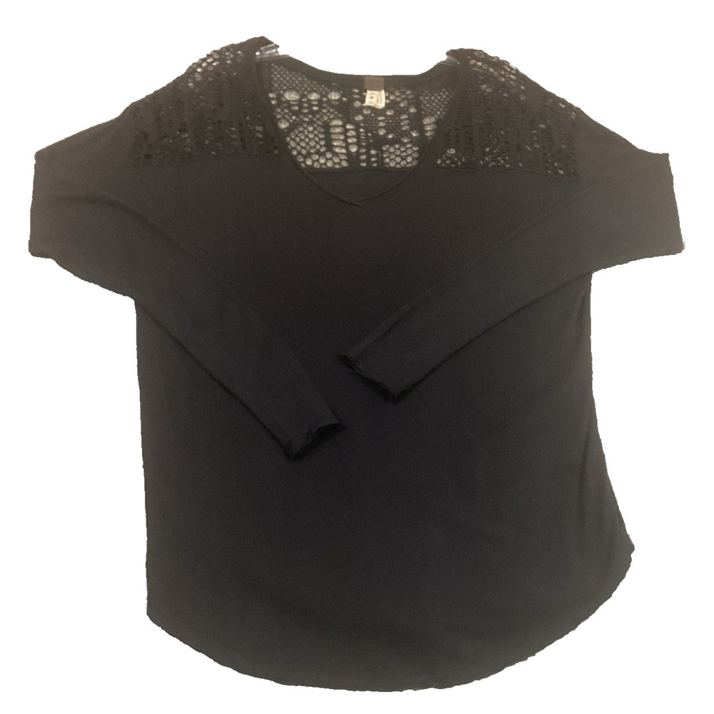 We the Free Black Crochet Neck V Neck Long Sleeve Raw Hem Top Shirt Size L